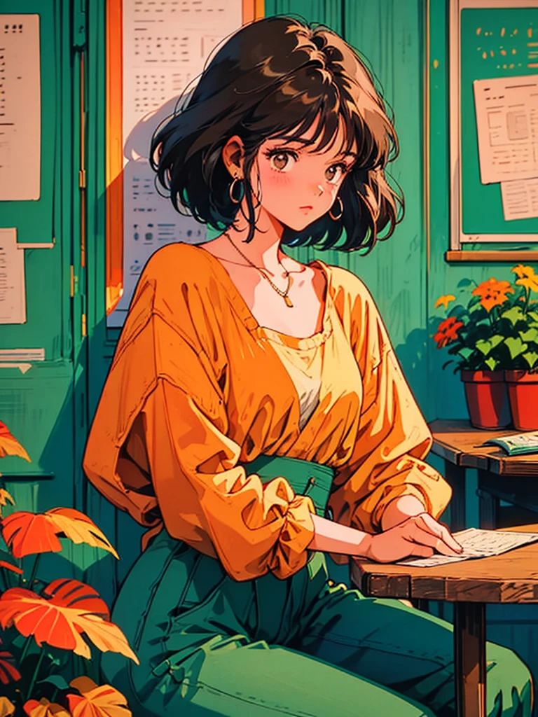 front view of the coffee shop,A cozy, charming café with an inviting atmosphere. The café has a blue exterior with a rustic wooden door and large windows displaying the interior. The building is surrounded by lush greenery, including plants growing up the walls and hanging flower baskets filled with colorful blooms. There is a small outdoor seating area with a round table and wooden stools, with two cups of coffee placed on the table. The scene is set during autumn, with vibrant orange and yellow leaves on the trees that arch over the café, creating a warm and welcoming ambiance. In the background, there is a serene lakeside view with a distant sailboat, under a partly cloudy sky. The lighting is soft, with shadows adding depth to the scene, making it feel peaceful and inviting,theme of analog color, hip hop lo-fi, retro, flat, 2.5D, line drawing, ink painting, watercolor painting, pastel color, Studio Ghibli style, bright colors, lo-fi style, old texture, amplitude, masterpiece, technology of wonders