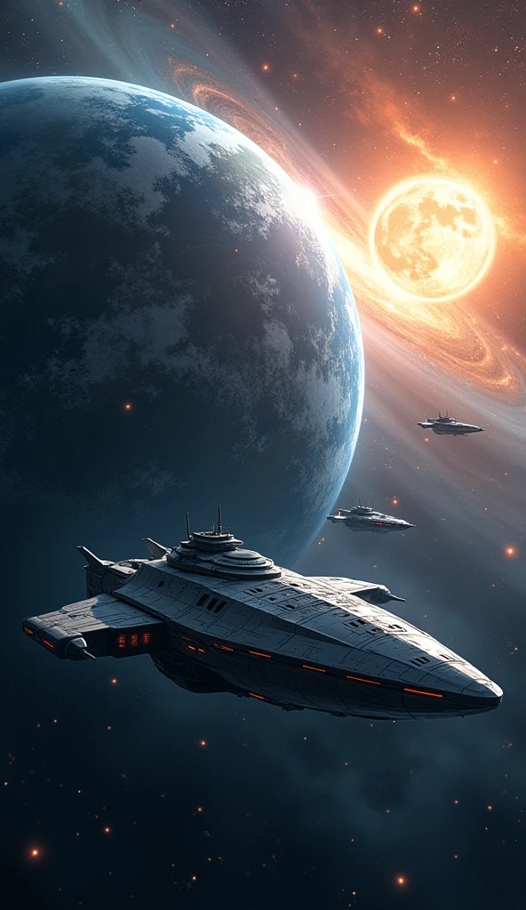 Create an image in which earth is surrounded by some small spaceships and a large spaceship(dark,beautiful,beautiful stars, nebulae at far side\) and behind beautiful dazzling sun  rising from behind the beautiful (blue earth:1.3),(long shot:1.5) 