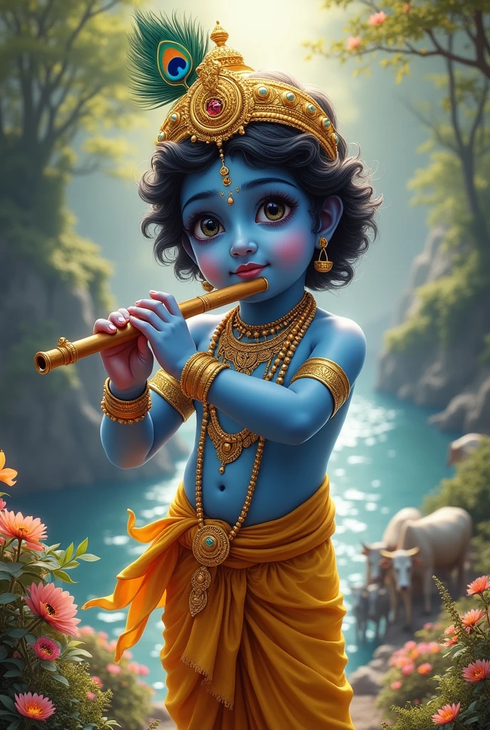 "Create a stunning image of Lord Krishna, the handsome and divine Hindu god. He should be depicted with a serene and enchanting expression, with smooth, radiant blue skin. His eyes should be large, expressive, and captivating, conveying a sense of love and wisdom. Krishna should be adorned in traditional attire, wearing a golden crown decorated with peacock feathers, and a yellow dhoti. His body should be adorned with gold jewelry, including necklaces, bracelets, and anklets. He should hold a flute gracefully in one hand, symbolizing his connection to music and love. The background should feature a lush, vibrant landscape with the Yamuna River, blooming flowers, and grazing cows, reflecting the beauty of Vrindavan. The overall atmosphere should be divine, peaceful, and ethereal, with soft, glowing light surrounding Krishna."