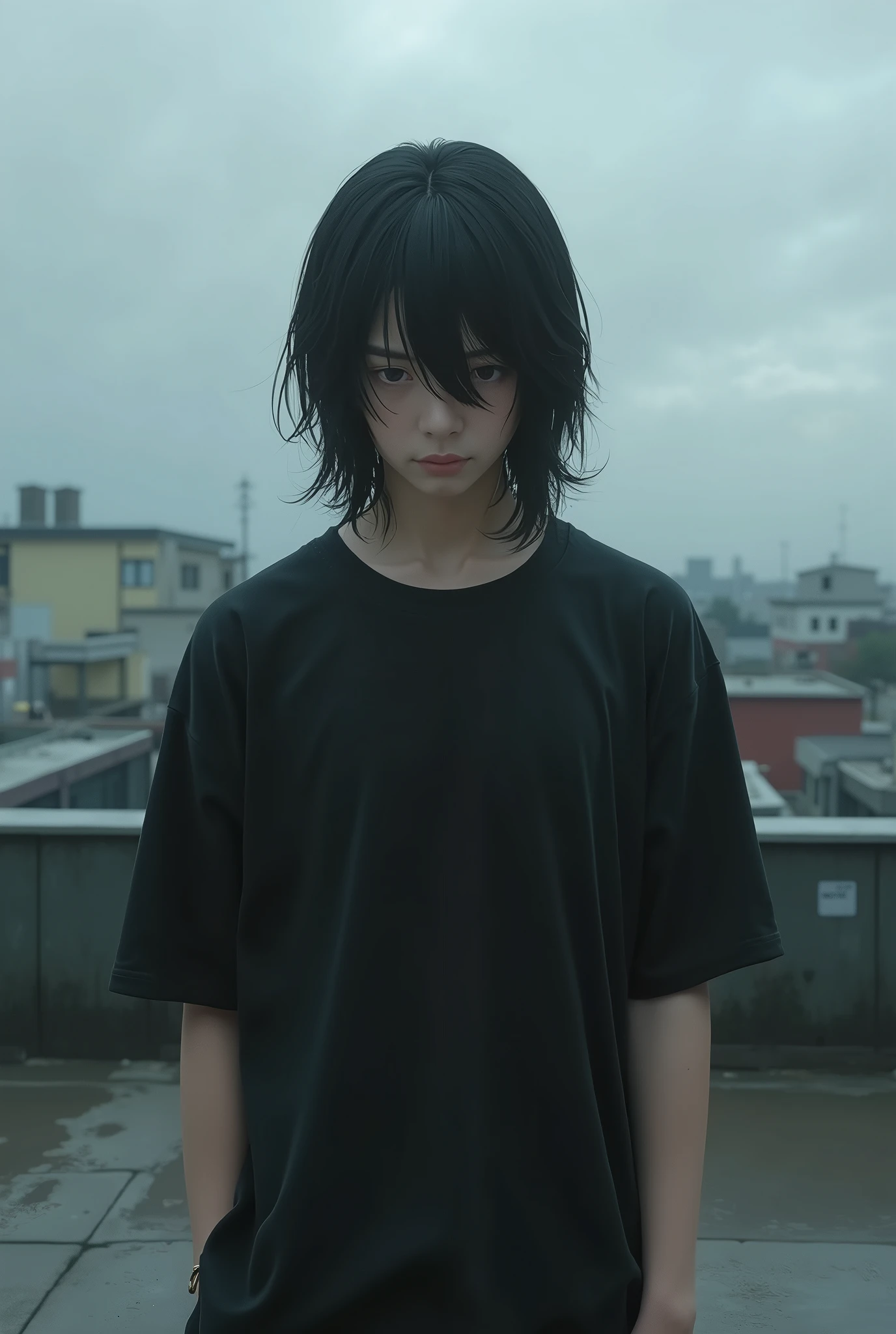 Boy with depression、Japanese、Long Hair、Black T-shirt、Look down、Real、rooftop、Cloudy