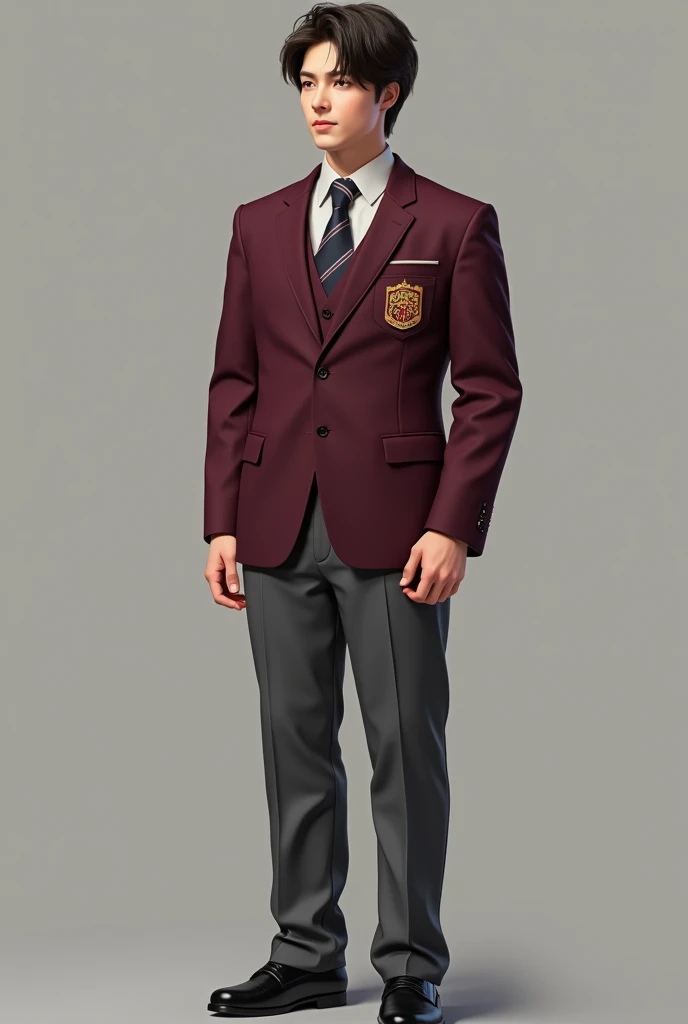 A wine-colored school uniform and gray pants 