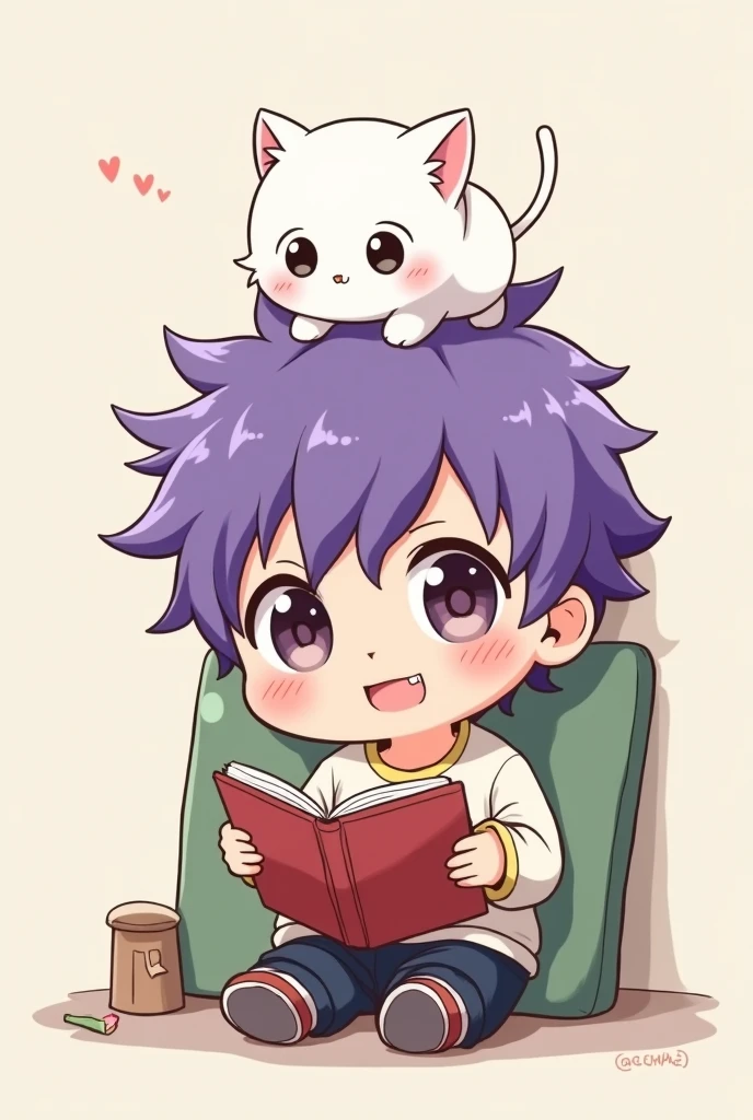 Boy with purple hair with a white cat on his head, sitting reading a book, chibi anime style