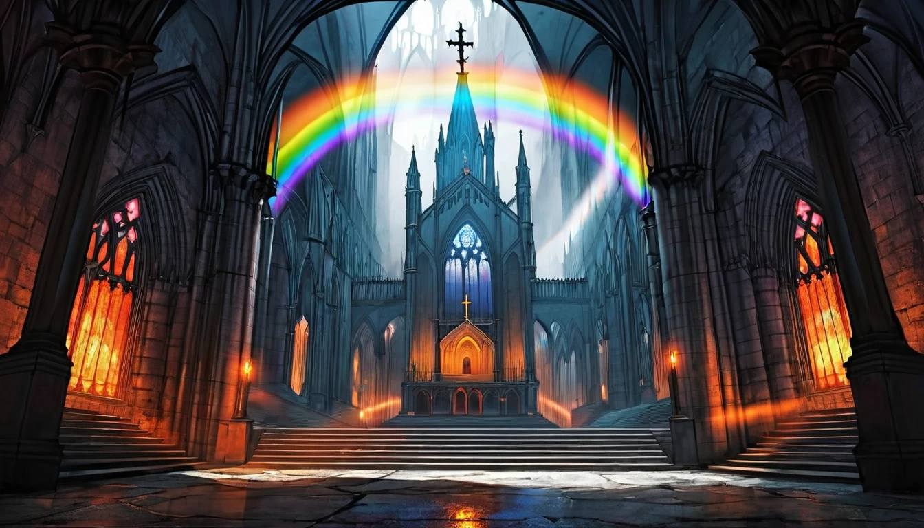 underground cave, gothic church in the center there is a pedestal with a rainbow flame