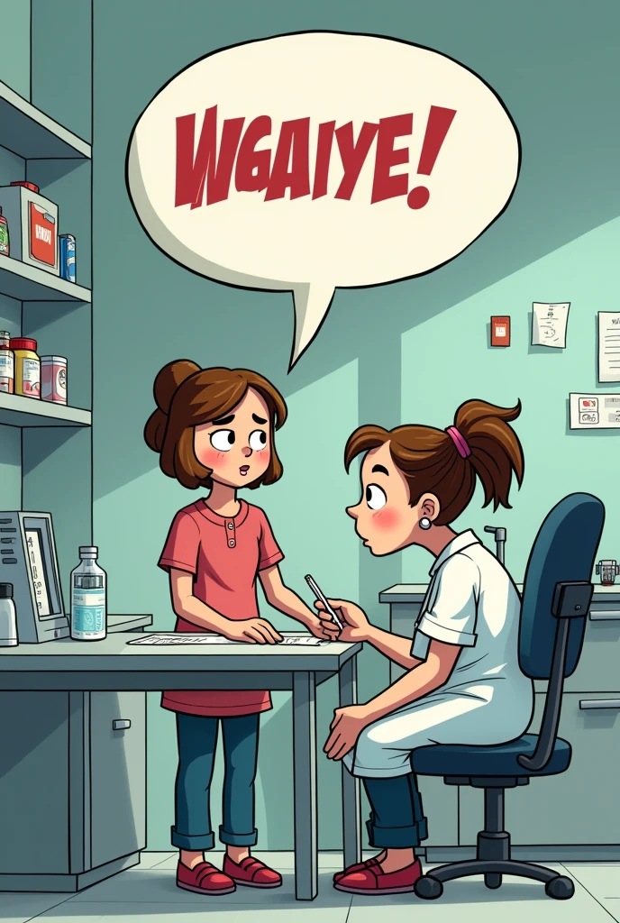 female child in a laboratory environment is having blood drawn and has a cartoon balloon saying the ugly phrase above her head. The person collecting blood is short, fat and female.
