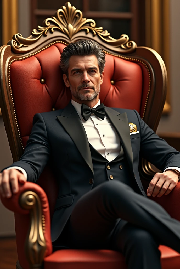 I am 40 years old, sitting on chair with luxury clothes expensive chair stylish hair 
