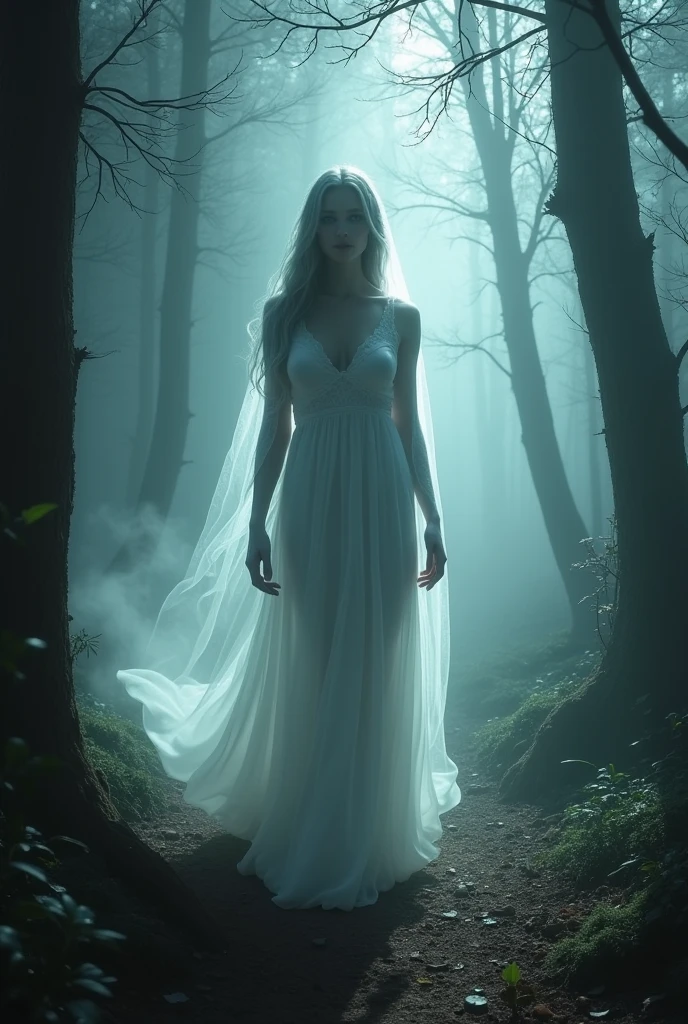 The shadow of a female ghost in a white dress hovering in the spooky forest