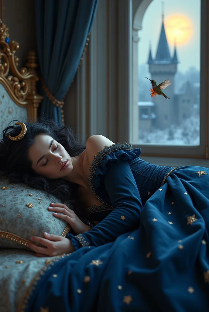 photorealistic image , fairy tale style, seamless, best quality 8k woman dressed in dark blue medieval dress, black hair curled at dusk winter outside , with embroidered stars. Gold hoop on the head with a sapphire in the center in the shape of a moon. Lying on a luxurious rococo bed in a medieval palace. eyes closed sleeping, head on pillow holding a bright flower. centered photo. Window next to a castle. A hummingbird entering through the window, the sun is behind him. centralized. cold face, sem vida. 