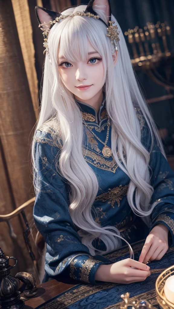 (masterpiece, highest quality, highest quality, official art, beautiful and aesthetic: 1.2), (one girl: 1.3), wavy long hair, white hair, Cat ears on the head,highly detailed portrait, highly detailed hands, looking at the viewer, alone, (whole body: 0.6), detailed background, close, shining eyes, (cold arctic winter theme: 1.1), fortune teller, Charlatan, grin, Mysterious, sitting at the table, カラフルな肩のないゆるいジプシーfortune tellerの服, holy grail, tarot cards, Crystal jade, Medieval (inner tent: 1.1) background, tent curtain on background, dark Mysterious lighting, Shadow, magical atmosphere, starry night, dutch angle, healing and guidance, transcendental beauty, fractal art, Seaweed,