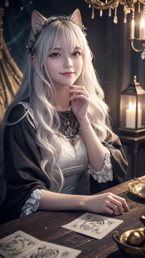 (masterpiece, highest quality, highest quality, official art, beautiful and aesthetic: 1.2), (one girl: 1.3), wavy long hair, white hair, Cat ears on the head,highly detailed portrait, highly detailed hands, looking at the viewer, alone, (whole body: 0.6), detailed background, close, shining eyes, (cold arctic winter theme: 1.1), fortune teller, Charlatan, grin, Mysterious, sitting at the table, カラフルな肩のないゆるいジプシーfortune tellerの服, holy grail, tarot cards, Crystal jade, Medieval (inner tent: 1.1) background, tent curtain on background, dark Mysterious lighting, Shadow, magical atmosphere, starry night, dutch angle, healing and guidance, transcendental beauty, fractal art, Seaweed,