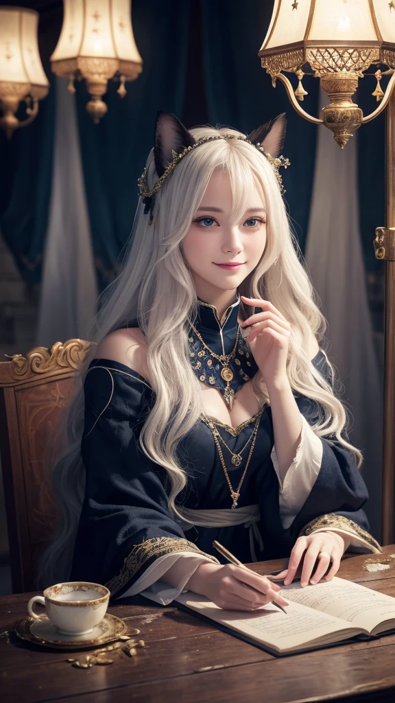 
(masterpiece, highest quality, highest quality, official art, beautiful and aesthetic: 1.2), (one girl: 1.3), wavy long hair, white hair, Cat ears on the head,highly detailed portrait, highly detailed hands, looking at the viewer, alone, (whole body: 0.6), detailed background, close, shining eyes, (cold arctic winter theme: 1.1), fortune teller, Charlatan, grin, Mysterious, sitting at the table, カラフルな肩のないゆるいジプシーfortune tellerの服, holy grail, tarot cards, Crystal jade, Medieval (inner tent: 1.1) background, tent curtain on background, dark Mysterious lighting, Shadow, magical atmosphere, starry night, dutch angle, healing and guidance, transcendental beauty, fractal art, Seaweed,