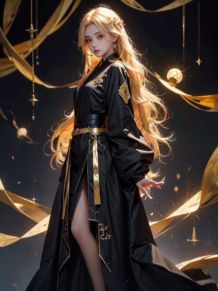 Runic Background、Wearing a black robe、Mage's Clothing、golden hair color、look at the viewer、masterpiece、cute woman、Wearing elegant school clothes
