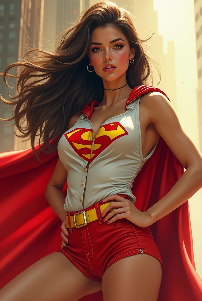 A SEXY BUSTY TEEN FEMALE WEARING A 1970 BLUE OPEN V BUTTONLESS PLEASANT BLOUSE WITH A "SUPERMAN" EMBLEM ON THE RIGHT SIDE OF HER CHEST, A PAIR OF RED SHORTS WITH A YELLOW BELT, TALL RED HEELED BOOTS, A BLUE CHOKER, AND A LONG FLOWING RED CAPE. 