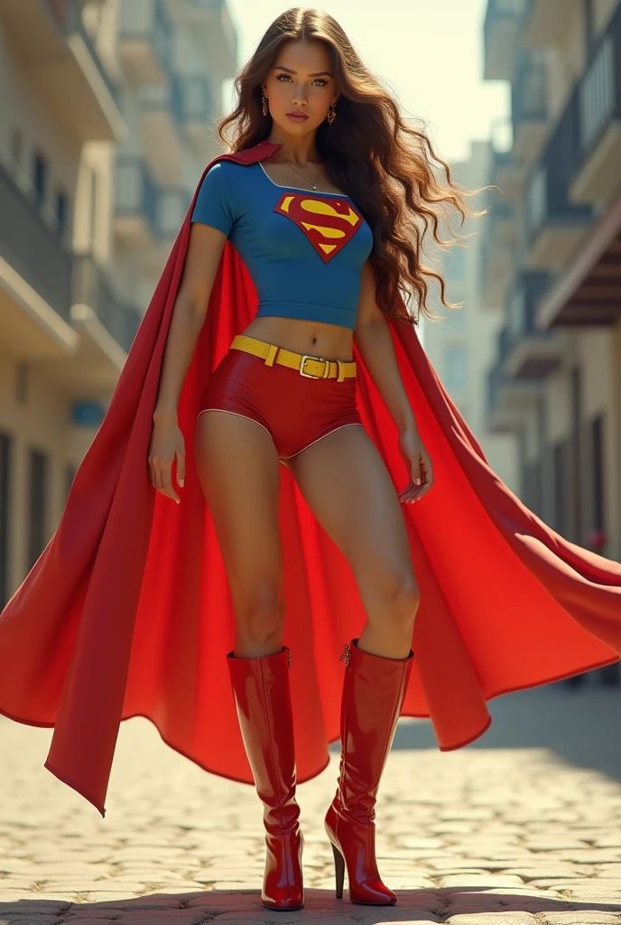 A Y BUSEN FEMWEARING A 1970 BLUE OPEN V BUTTONLESS PANT BLOUSE WITH A "SUPERMAN" EMBLEM ON THE RIGHT SIDE OF HER CHEST, A PAIR OF RED SHORTS WITH A YELLOW BELT, TALL RED HEELED BOOTS, A BLUE CHOKER, AND A LONG FLOWING RED CAPE.