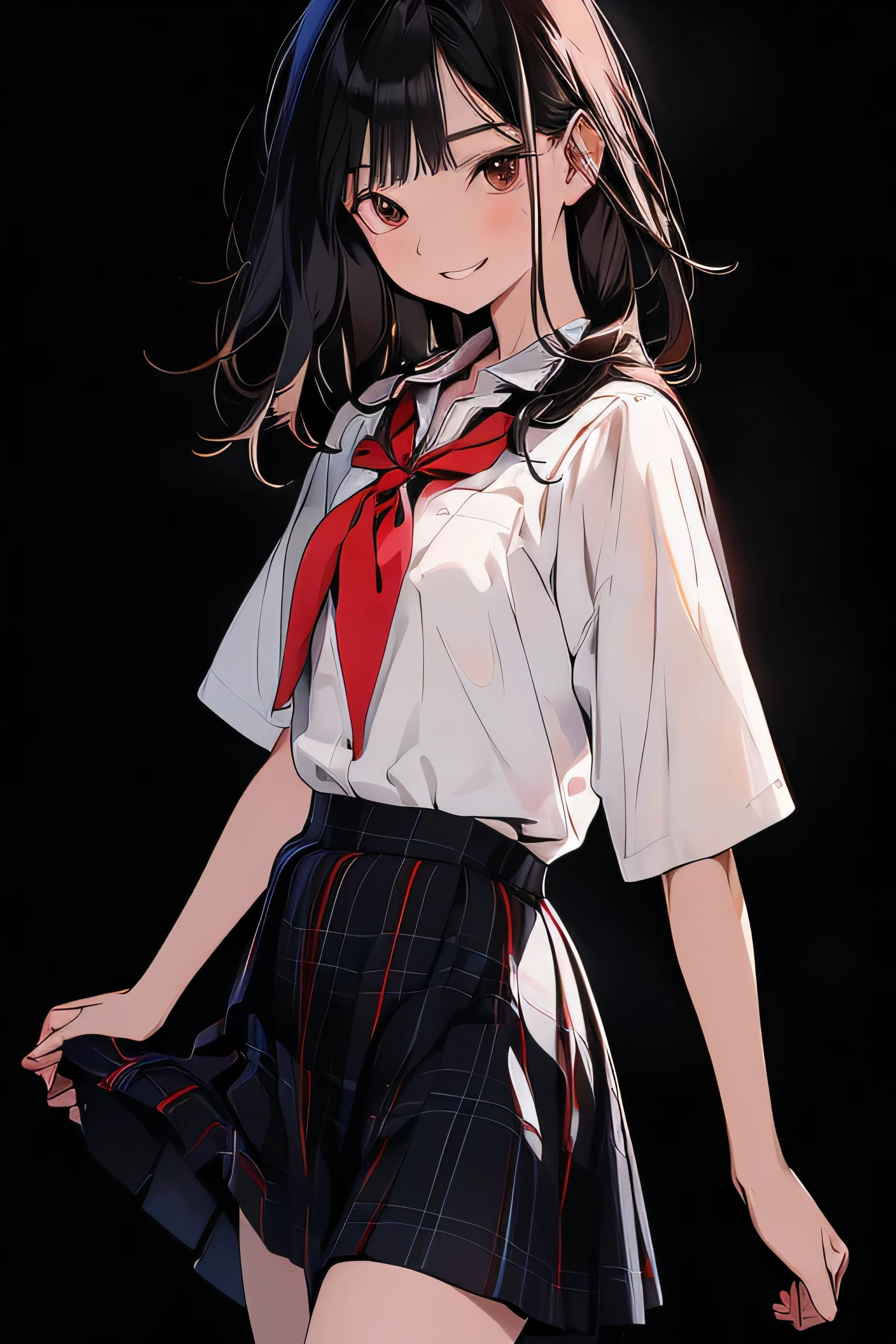 one person, 一人w, length_hair, chests, (lookwg_w_Audience), red noodles, smile, Front hair, skirt, brown_hair, Simple_background, shirt, black_hair, white_background, brown_eyes, School_uniform, white_shirt, short_sleeve, cowboy_shot, plewed_skirt, teeth, collared_shirt, black_skirt, mole, grw, arm_upper, neckerchief, Plaid, mole_Down_eye, flowwg_hair, Plaid_skirt, red_neckerchief, pocket, shirt_Pushed w_w, chest_pocket