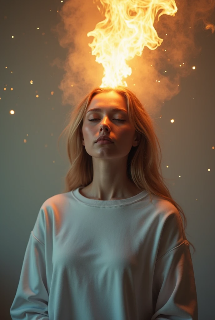 Create Image of Casually Dressed Woman,with a sweatshirt on the front receiving the spirit of God inside him,from his head on top a tongue of fire,Around her a light flame, very soft and delicate