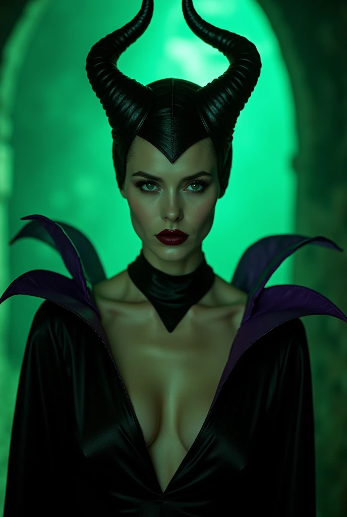 A stunning forward portrait of Maleficent, young and beautiful, hyper realistic, real portrait, backlit, exquisite features, cleavage, sexy, seductive, unnatural light, soft light, location is the interior of a dungeon, green light, eerie, purple highlights