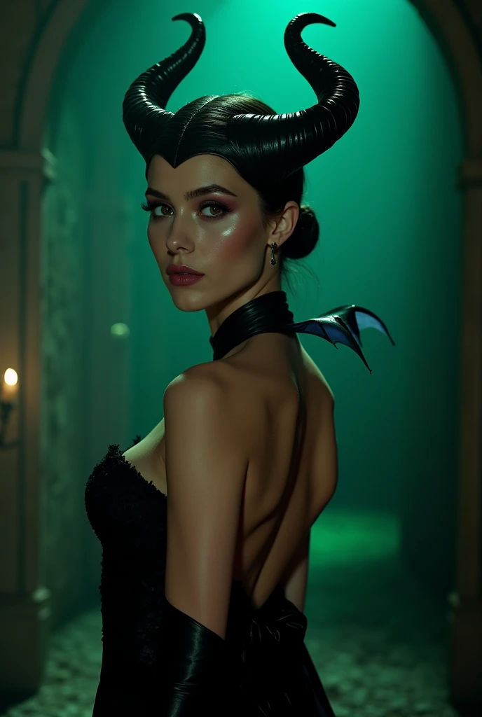A stunning forward portrait of Maleficent, young and beautiful, hyper realistic, real portrait, backlit, exquisite features, cleavage, sexy, seductive, unnatural light, soft light, location is the interior of a dungeon, green light, eerie, purple highlights