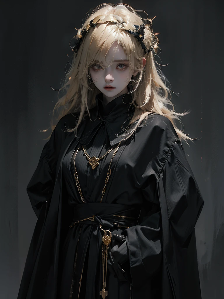 Runic Background、Wearing a black robe、Mage's Clothing、golden hair color、look at the viewer、masterpiece、cute woman、Wearing elegant school clothes