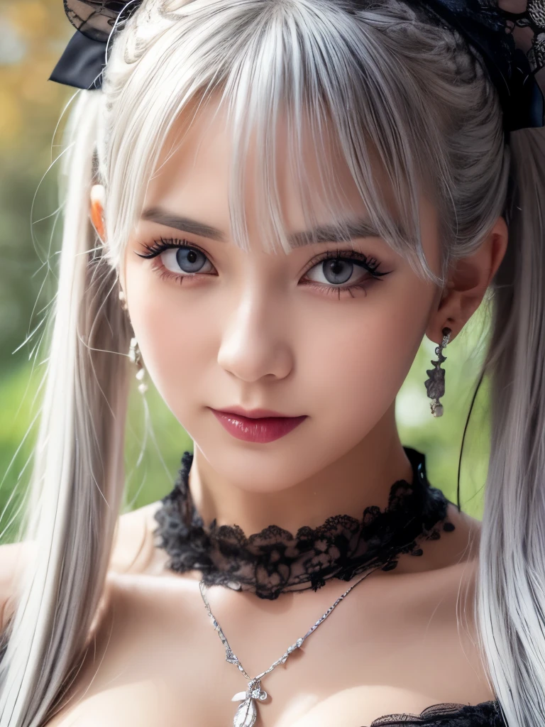 high quality, High definition,Detailed, A girl with silver hair and twin tails poses cutely. They are dressed in vintage gothic clothing, Putting on a bracelet, Earrings and Necklaces. I can see big things. The photo is a close-up of the face, Soft skin texture, Cleavage, Shining Breasts, Sweat in cleavage, Soft and attractive lips, Sexy vibe.