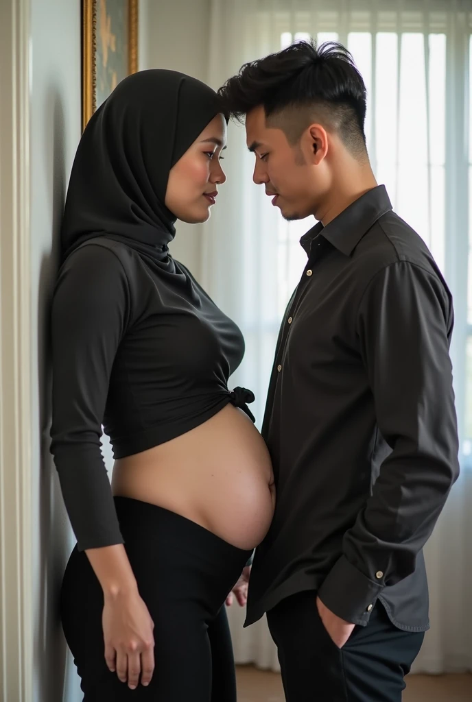 a pair of Indonesian Asian men and women, the position of the man's penis entering the vagina, hijab, beautiful, slim stomach, (Highlights Haircut B Cup: 1.2), medium breasts, round breast shape, perfect breast shape, legs wide open, black hairy vagina, at home
