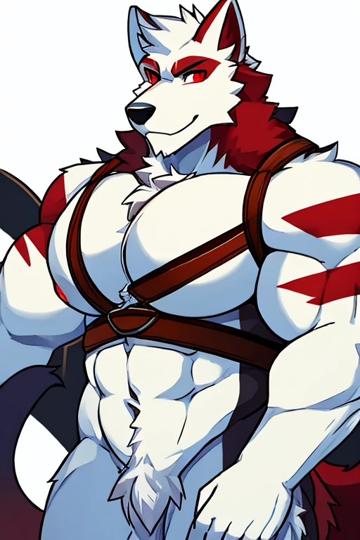 White Wolf, Red eyes, with big pecs, with chest straps, Long and hairy tail, naked