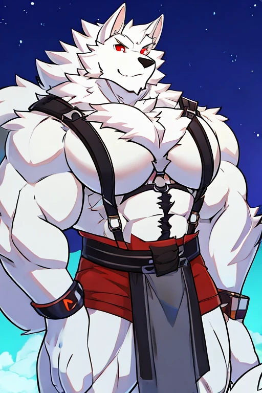 White Wolf, Red eyes, with big pecs, with chest straps, Long and hairy tail, naked