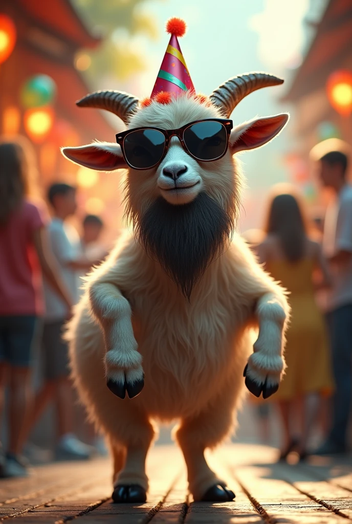 Goat with beard and sunglasses wearing birthday hat dancing 