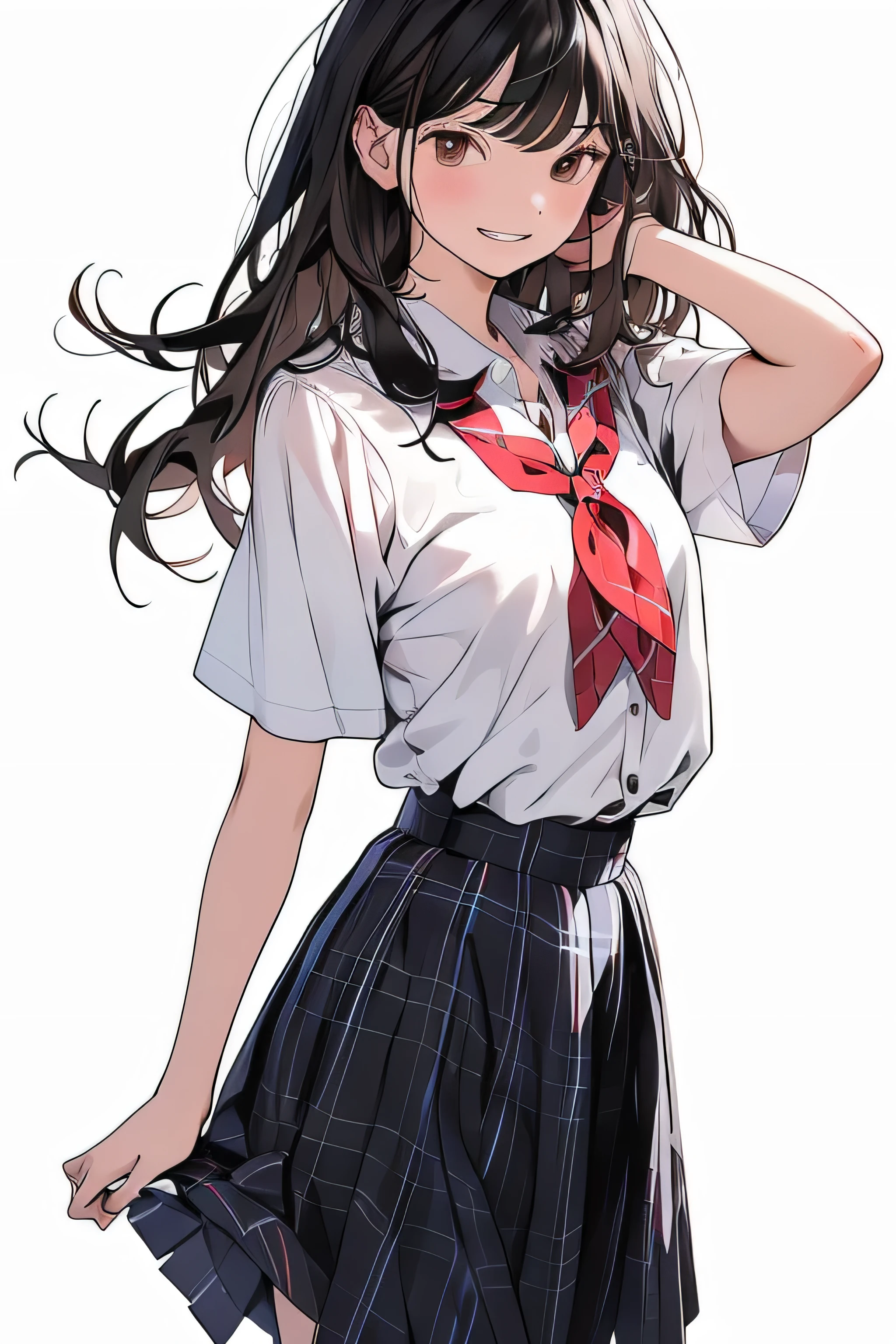 one person, 一人w, length_hair, chests, (lookwg_w_Audience), red noodles, smile, Front hair, skirt, brown_hair, Simple_background, shirt, black_hair, white_background, brown_eyes, School_uniform, white_shirt, short_sleeve, cowboy_shot, plewed_skirt, teeth, collared_shirt, black_skirt, mole, grw, arm_upper, neckerchief, Plaid, mole_Down_eye, flowwg_hair, Plaid_skirt, red_neckerchief, pocket, shirt_Pushed w_w, chest_pocket