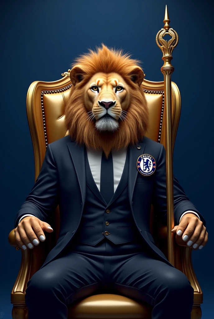 Create an image of a lion in a black suit with the Chelsea football club symbol on the chest in small size . The lion is holding a long golden staff sitting on a golden armchair overshadowed by blue. Full blue background. 4k ultra realistic 