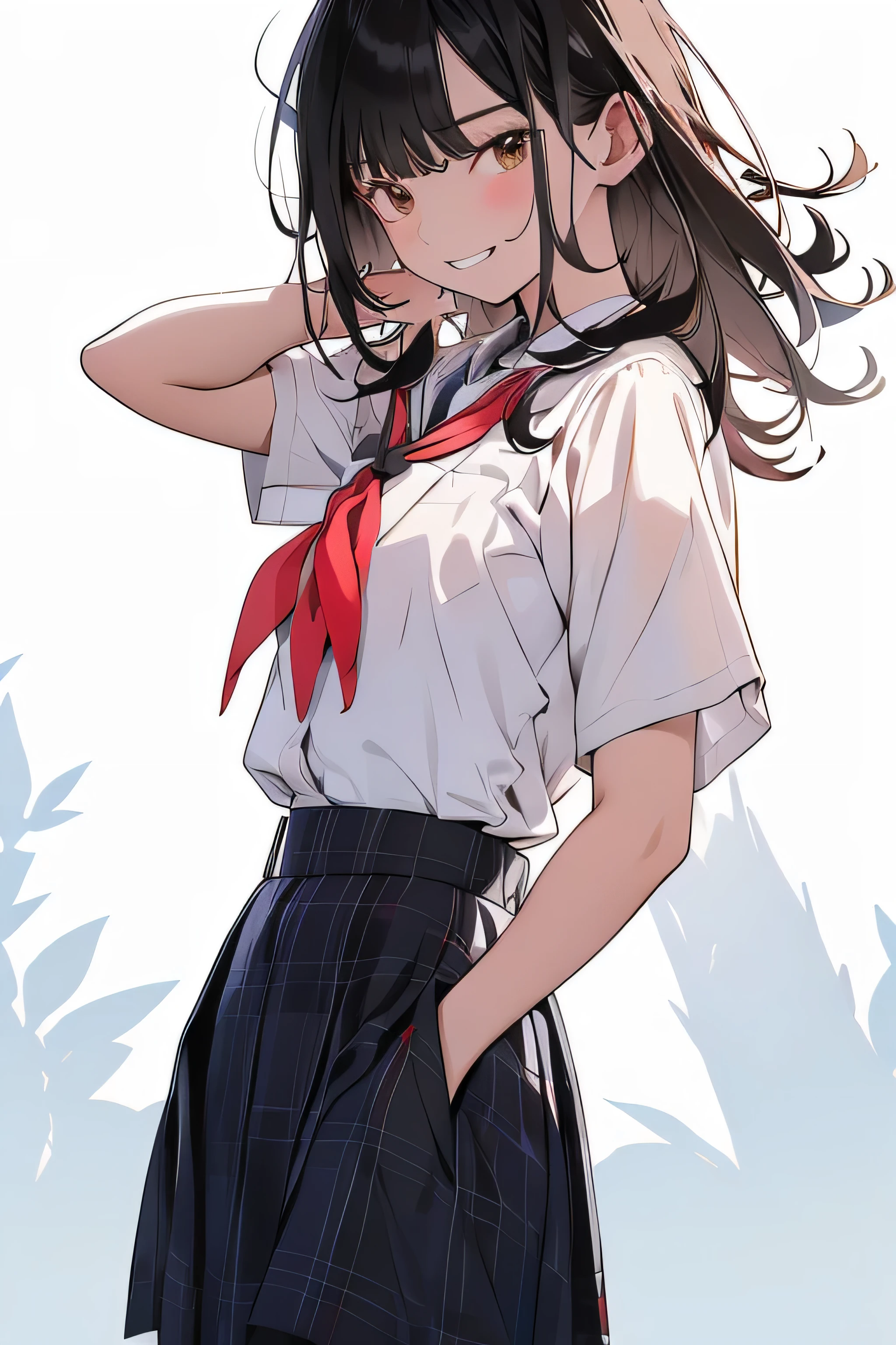 one person, 一人w, length_hair, chests, (lookwg_w_Audience), red noodles, smile, Front hair, skirt, brown_hair, Simple_background, shirt, black_hair, white_background, brown_eyes, School_uniform, white_shirt, short_sleeve, cowboy_shot, plewed_skirt, teeth, collared_shirt, black_skirt, mole, grw, arm_upper, neckerchief, Plaid, mole_Down_eye, flowwg_hair, Plaid_skirt, red_neckerchief, pocket, shirt_Pushed w_w, chest_pocket