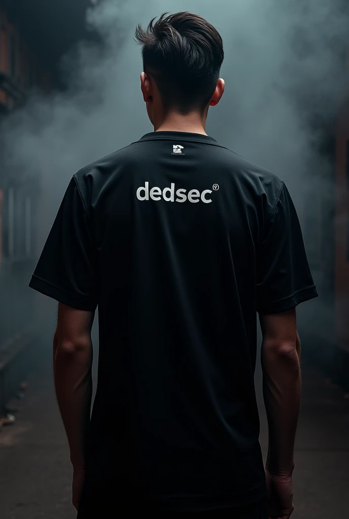 a close back shot of a skinny guy without head wearing a black eSports jersey with "DEDSEC" written on the back of the jersey with black smoky background and a back pose with short black hair
