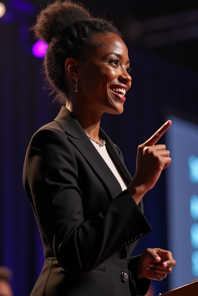 Create a hyper-realistic image of a black female speaker facing the audience at an event. She should be in a confident and engaging pose, clearly focused on its audience.
Woman Details:
Face and Hair: The woman must have realistic black skin, with a natural shine and texture that reflects light authentically. Your hair may be loose, in a voluminous style, or in an elegant bun, depending on the choice of style.
Clothing: She should be dressed professionally and elegantly.. Consider a blazer or a sophisticated dress, with colors that contrast well with the environment and highlight your personal style. Clothing should be well-fitting and formal., and understated accessories like earrings or a necklace can add a touch of sophistication.
Expression and Pose: She must be facing the audience., with a confident and engaged expression. The smile should be natural and welcoming, and the posture must convey security and mastery of the subject. Include a hand gesture that points to a slide or other visual element, strengthening the connection with the public.
Setting and Context:
Location: The setting should be a stage or presentation area in a conference or lecture environment. The woman should be positioned in the center of the stage, facing the audience, with an environment that reflects a professional event.
enviroment: Include typical elements of a lecture, like a microphone on a stand, a screen or projector in the background with slides visible (if applicable), and a pulpit, if appropriate. The background can have an elegant decoration, with neutral or corporate colors that do not distract from the speaker.
Lighting e colors:
Lighting: Use lighting that simulates the environment of an auditorium, with directed lights to highlight the woman and create a soft focus on the stage. Lighting should enhance your expression and attire, creating a subtle contrast that makes it stand out from the crowd.
colors: The background should have neutral and professional colors., as shades of gray or