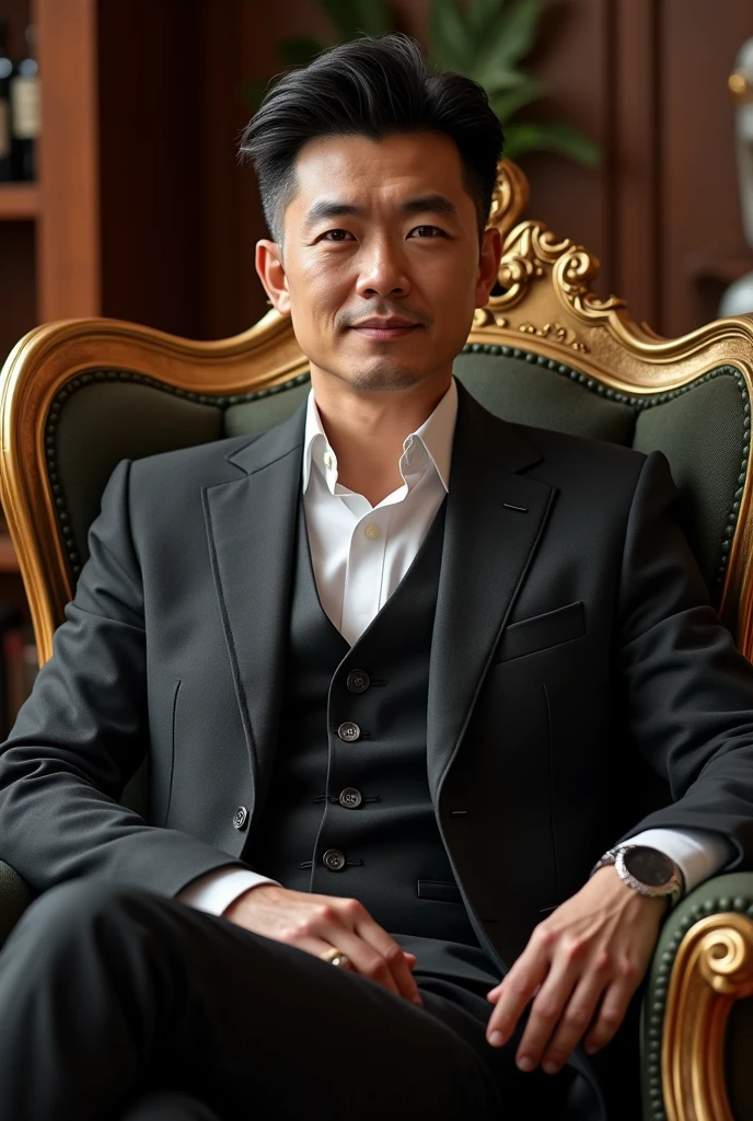 I am asian man 40 years old, sitting on chair with luxury clothes expensive chair stylish hair