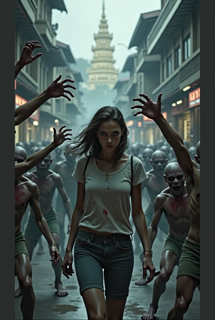 A woman clothes stained with blood, hand holding knife, carry a backpack. The area is Thai urban street with tuk-tuk car behind. Zombies are around trying to reach her