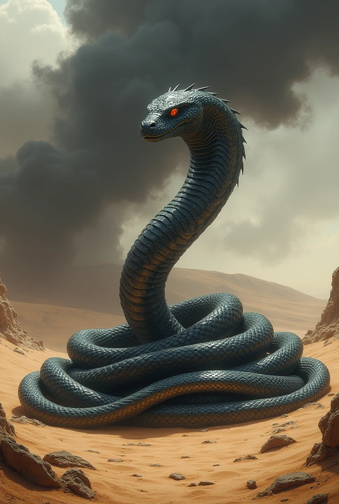 Queen of snakes in sand mountain area woth black smoke 