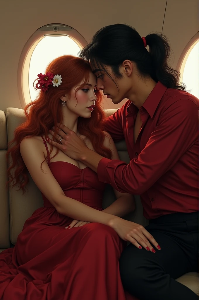 In a private jet with portholes, a twenty-three-year-old woman wakes up because she has been anesthetized and her head is covered in cotton wool.. She is dressed in a red Italian dress and in her red hair,long and wavy there is a flower . A man sits next to her and strokes her hair tenderly. . Il a les cheveux noir longs avec une longue queue de cheval. Il etait habillé en chemise de soie rouge et un pantalon noir.