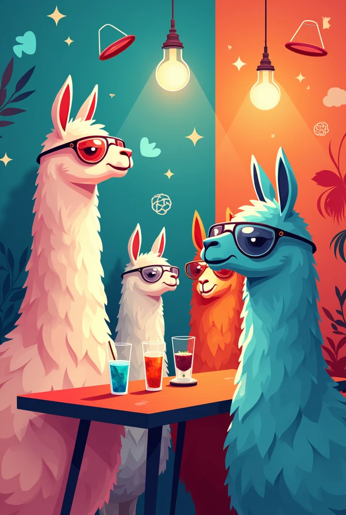A minimalistic vector-style poster advertising a club party where several llamas are depicted as scientists at a psychology-themed party. The llamas are wearing glasses, drinking beer, and chatting with each other. Around them are various icons of brains, representing the psychological theme. The colors are bright and vibrant, with the overall design being simple and modern. The llamas are the central focus of the image, creating a fun and engaging atmosphere that reflects both the party and the scientific theme.
