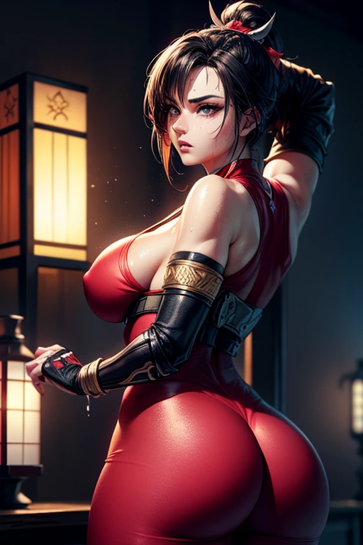 masterpiece, Highest quality, (Unreal Engine), Super Resolution, Very detailed, Complex, colorful, Clear images, Sharp focus, Digital Blending,
Beautiful woman, (Taki), (TakNin), red body suit, Beautiful Eyes, (Attractive face:1.2), (Beautiful Skin), Big Breasts, Butt, Tight waist, Perfect Eyes, Perfect Face, Ultra detailed hair, Ultra detailed face, Very detailed lips, Vivid expression, Healthy Body, Beautifully detailed sweat glands, Smooth skin texture, Carefully drawn,
((humidity:1.2), Sticky with sweat), chant ninjutsu, shinobi pose,
In the world of Soul Calibur, In the castle town of Japan, night, (Shot on Sony α9, Dynamic Angle),