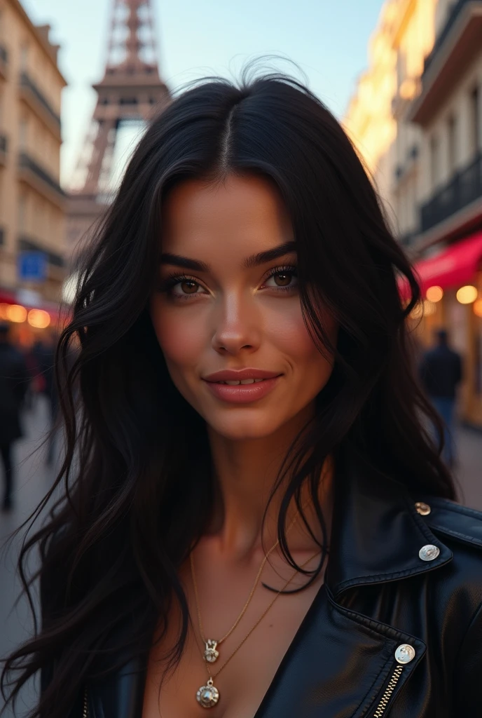 Masterpiece, superior quality, ultra-detailed, 8k drawing under CG unity, a woman looking directly at the observer, summer subject, a charmed and happy look, in the city center of paris, smiling, with long black hair and cowboy style.
