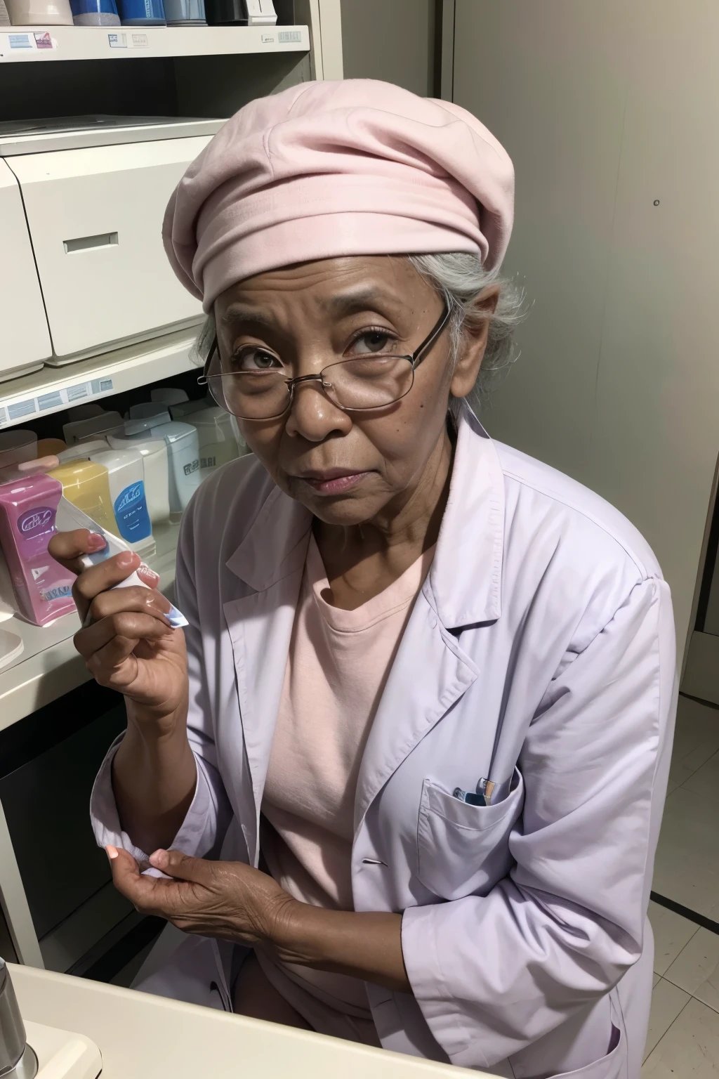 elderly woman dark skin, tired expression, wrinkles, disposable cap surgical, behind a counter with nail polishes, lab coat, quality professional