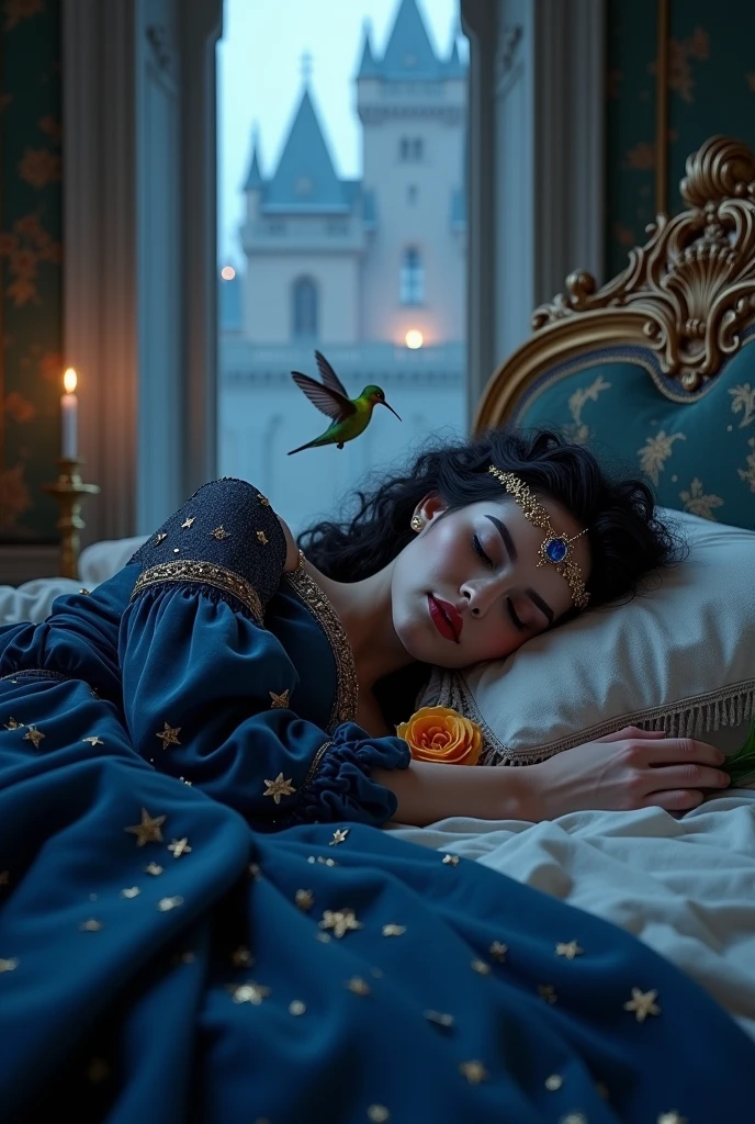 photorealistic image , fairy tale style, seamless, best quality 8k woman dressed in dark blue medieval dress, black hair curled at dusk winter outside , with embroidered stars. Gold hoop on the head with a sapphire in the center in the shape of a moon. Lying on a luxurious rococo bed in a medieval palace. eyes closed sleeping, head on pillow holding a bright flower. centered photo. Window next to a castle. A hummingbird entering through the window, the sun is behind him. centralized. cold face, sem vida.
