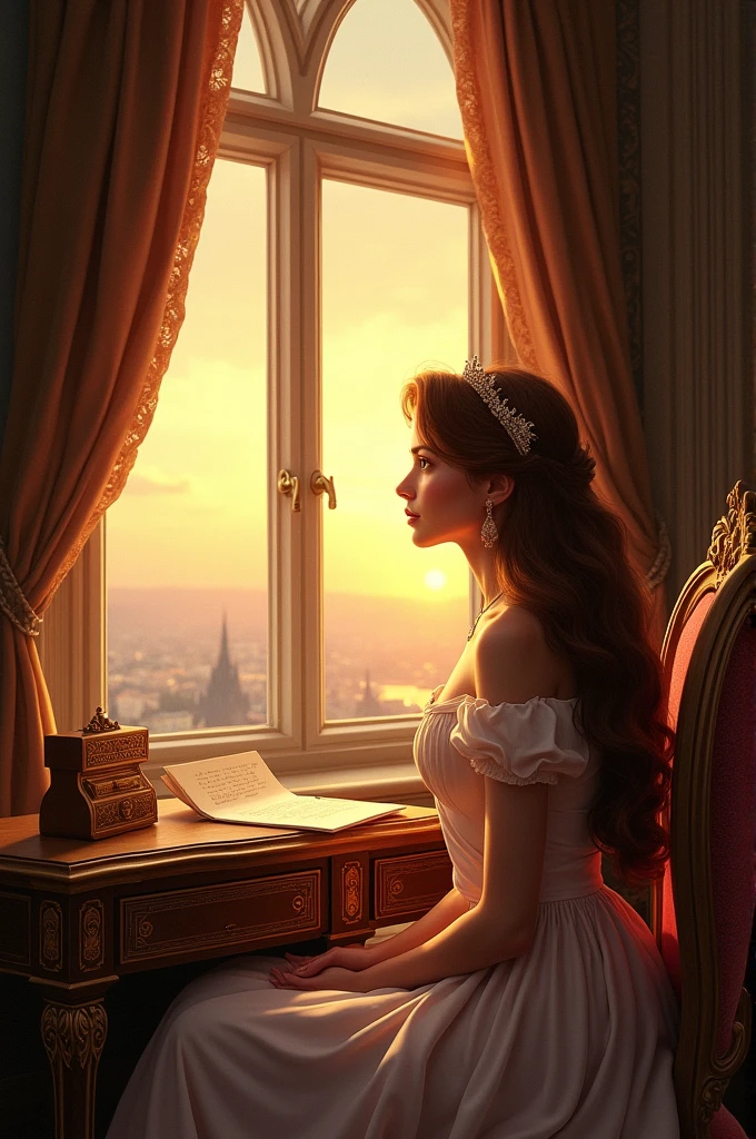 Princess Leonor sits by a large palace window. She gazes out into the horizon, her expression is one of wistful longing. The golden light of the setting sun bathes the room in a warm glow, casting gentle shadows on the ornate decor around her. A small, ornate desk nearby holds a half-written letter with a quill resting beside it.