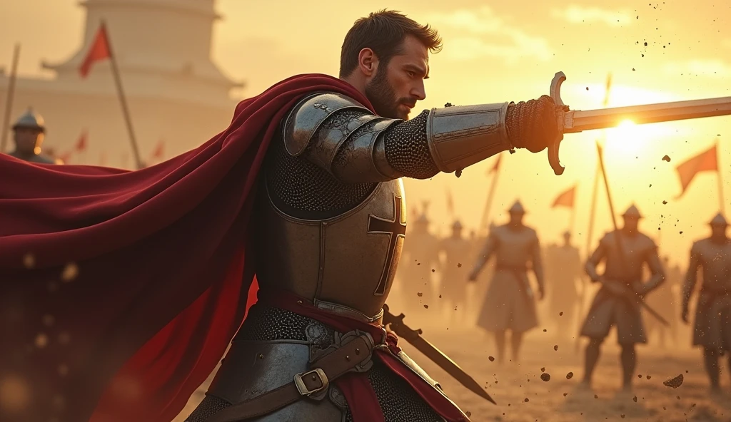 (masterpiece, best quality:1.5), (focused on the protagonist:1.4), (short hair, rugged, battle-worn face:1.3), intense expression, medieval knight, cross-emblazoned armor, sword mid-swing, powerful downward strike, dynamic motion, muscles tensed, dust and debris flying, battlefield setting, scattered enemies in the background, sunrise casting golden light, dramatic shadows, cinematic lighting, (front view, centered, full-body shot), cape flowing with the motion, wind sweeping through the battlefield, (hyper-detailed, ultra-realistic:1.4)

Negative Prompt:
(worst quality, low quality:1.4), blurry, lowres, (greyscale, monochrome:1.2), (lion face, car:1.5), unnatural anatomy, distorted proportions, helmetless, unrealistic elements, futuristic, cartoonish, (long hair:1.5)

