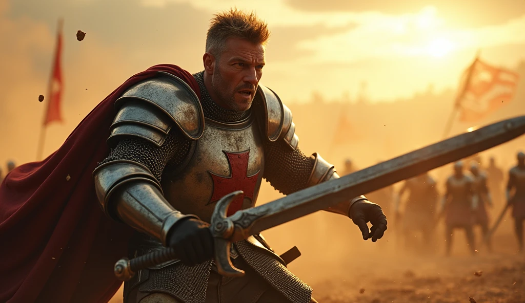 (masterpiece, best quality:1.5), (focused on the protagonist:1.4), (short hair, rugged, battle-worn face:1.3), intense expression, medieval knight, cross-emblazoned armor, sword mid-swing, powerful downward strike, dynamic motion, muscles tensed, dust and debris flying, battlefield setting, scattered enemies in the background, sunrise casting golden light, dramatic shadows, cinematic lighting, (front view, centered, full-body shot), cape flowing with the motion, wind sweeping through the battlefield, (hyper-detailed, ultra-realistic:1.4)

Negative Prompt:
(worst quality, low quality:1.4), blurry, lowres, (greyscale, monochrome:1.2), (lion face, car:1.5), unnatural anatomy, distorted proportions, helmetless, unrealistic elements, futuristic, cartoonish, (long hair:1.5)

