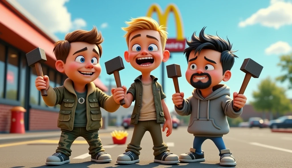 Im Stil von Pixar 3D-Animation filmen (Caricature). Three young men stand in the parking lot of a Mc Donalds. All three have a small club in their hand and look stupid and aggressive.
The first man is slightly taller than the others and wears camouflage clothing.
The second is slightly smaller, has short blonde hair and a crazy look, he is wearing a dirty undershirt.
The third man has short black hair and a narrow black beard, he wears a hoodie.