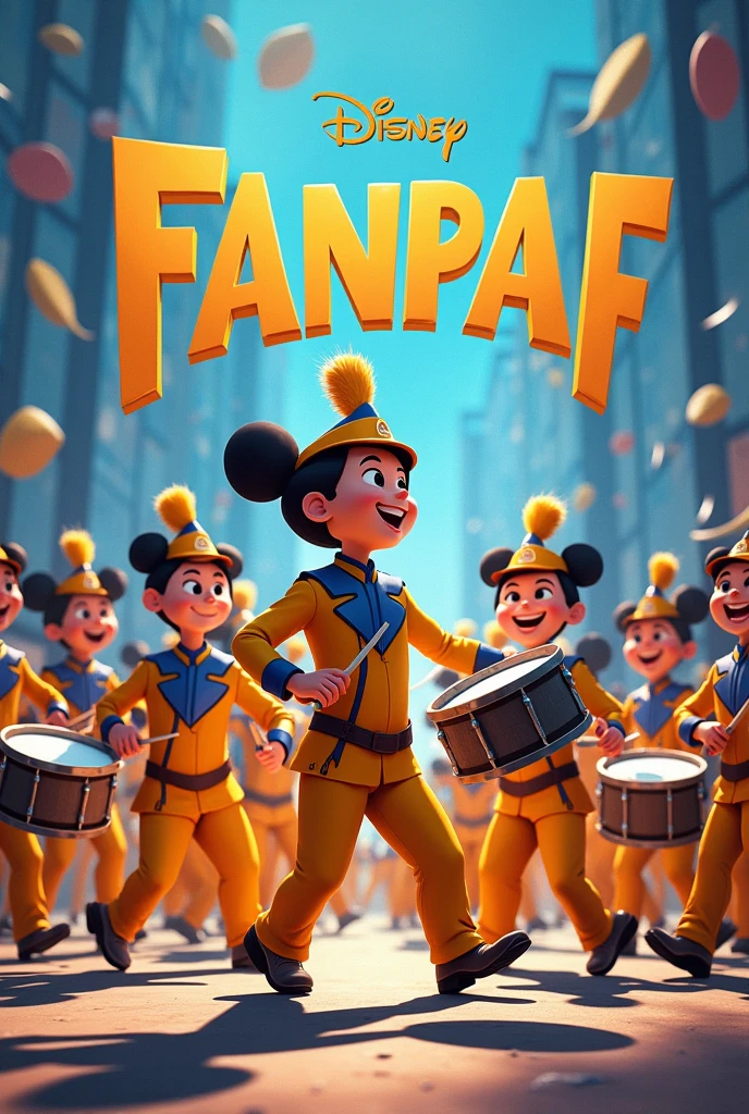 A marching band with several people and them in a row with the drum instruments in their hands playing, and their clothes are yellow with dark blue and the name FANPAF in the image, and the image in the form of a Disney drawing