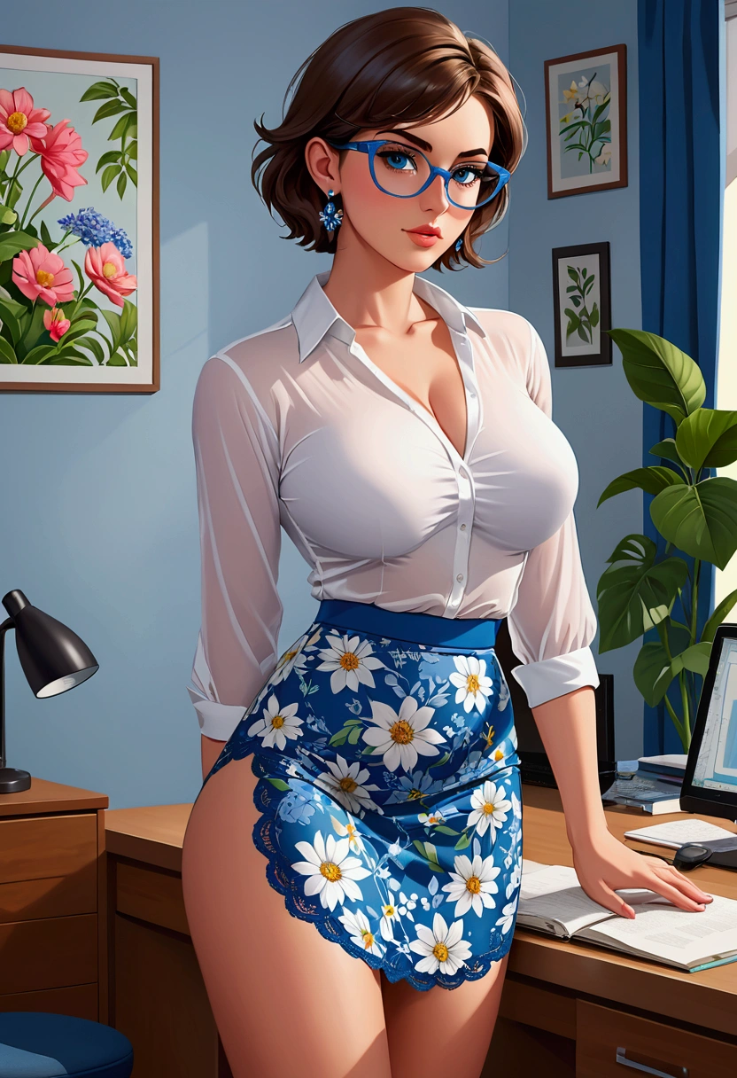 20 years old woman, Short brown hair, Méditerranéenne aux blue eye, Generous and heavy breasts, slender waist, estomac defini, fesses rebondies et pulpeuses, naturally curved, muscular thighs, aguicheuse, au bureau, in a long floral skirt and a transparent white blouse , lunettes, earrings , blue eye, soutien gorge dentelle blanc, Next to, talons