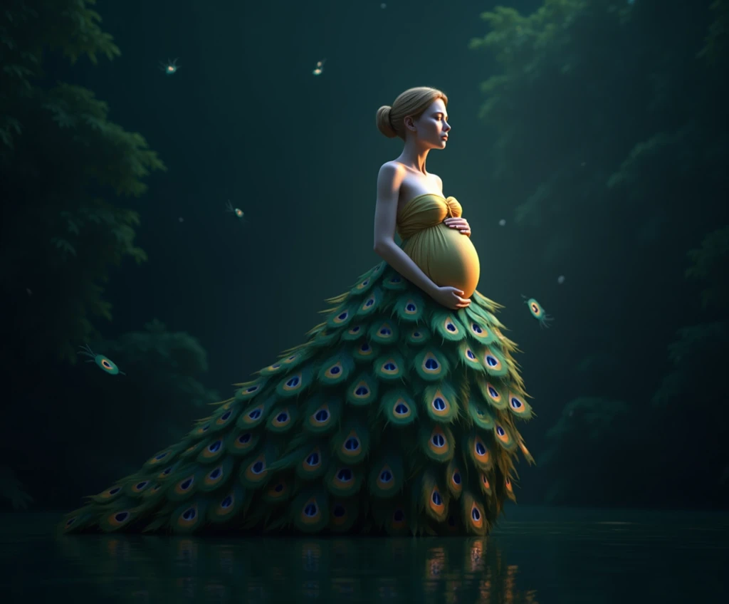 Make a realistic peacock feather dress humanoid features of a pregnant woman, full body shot dress should be look like make peacock feather . hig hress image . green background peackock freather in background , light come from right side dreammy effect