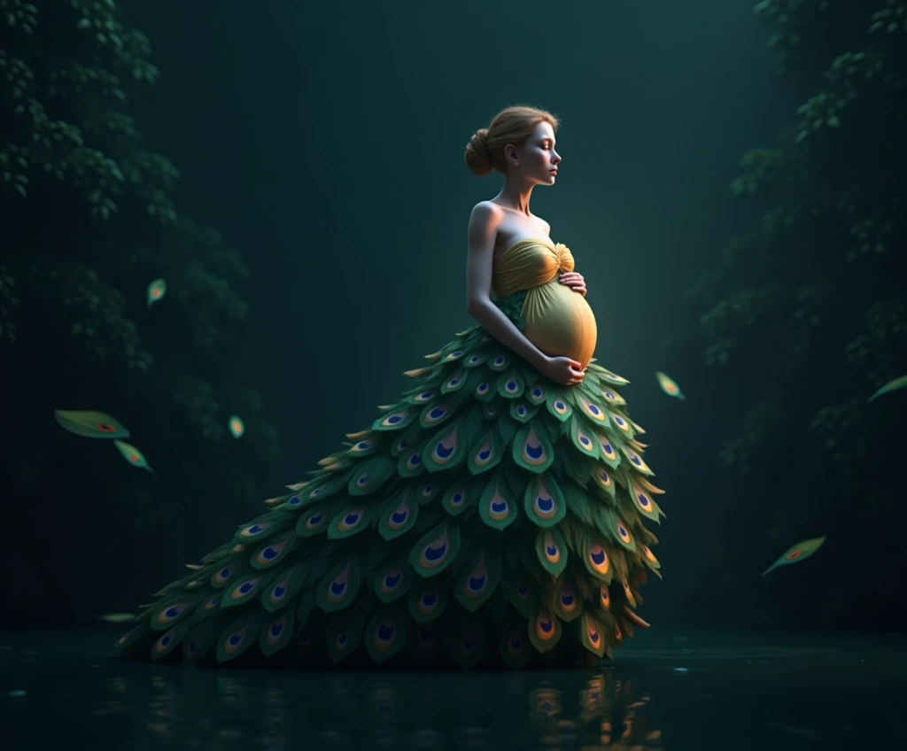 Make a realistic peacock feather dress humanoid features of a pregnant woman, full body shot dress should be look like make peacock feather . hig hress image . green background peackock freather in background , light come from right side dreammy effect