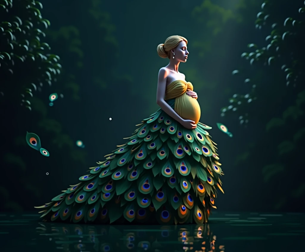 Make a realistic peacock feather dress humanoid features of a pregnant woman, full body shot dress should be look like make peacock feather . hig hress image . green background peackock freather in background , light come from right side dreammy effect